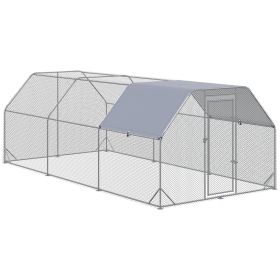 PawHut Large Chicken Coop Metal Chicken Run with Waterproof and Anti-UV Cover, Flat Shaped Walk in Fence Cage Hen House for Outdoor and Yard Farm
