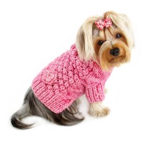 Pink Bobble Stitch Turtleneck Hand Knitted Sweater (Color: pink, size: S)